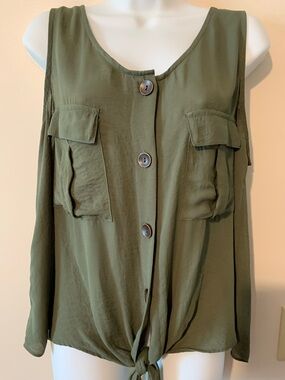 a.n.a Olive Utility Button-Front Tie Hem Tank